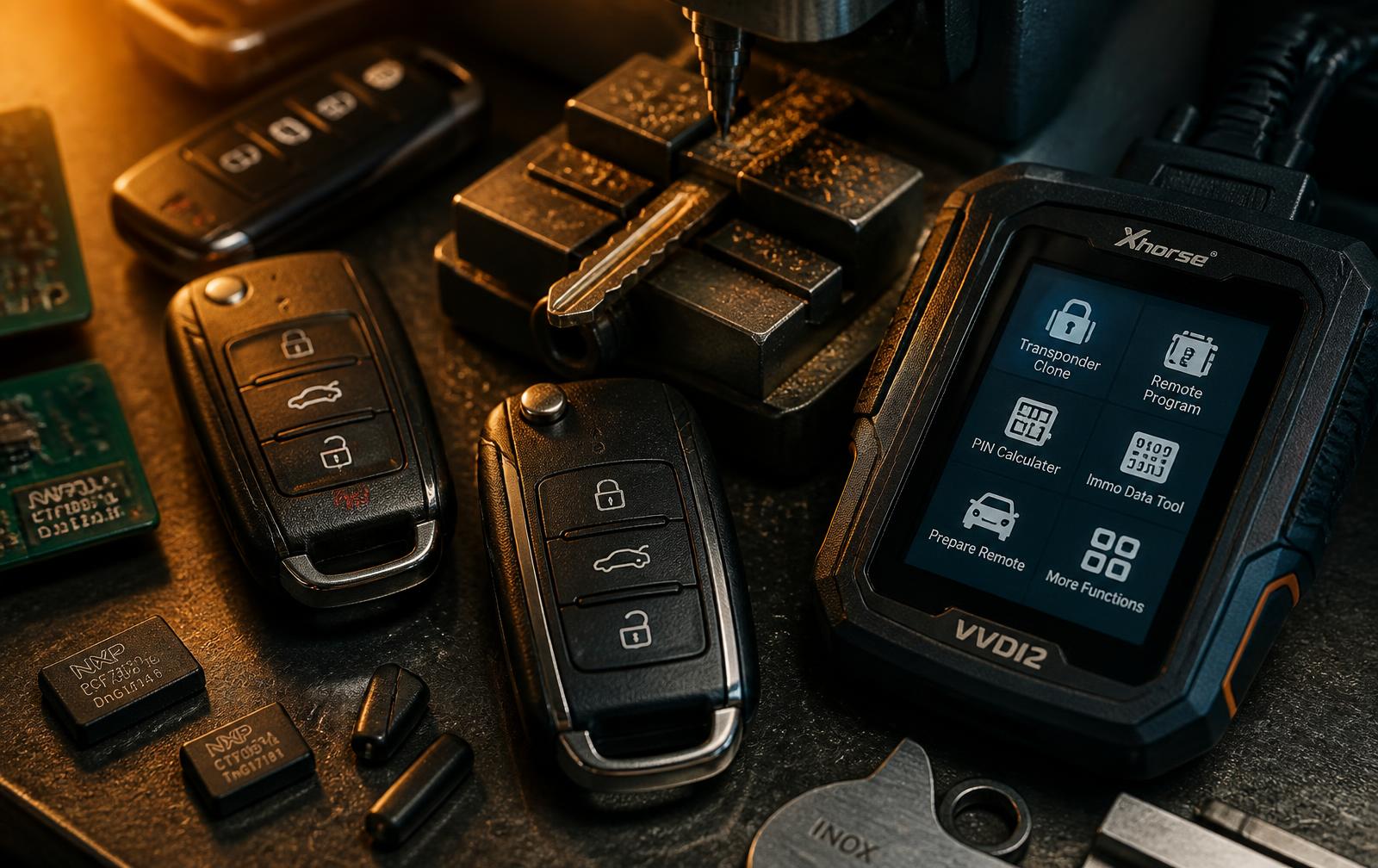 Car key blanks, transponder chips and a programming tool on a workbench